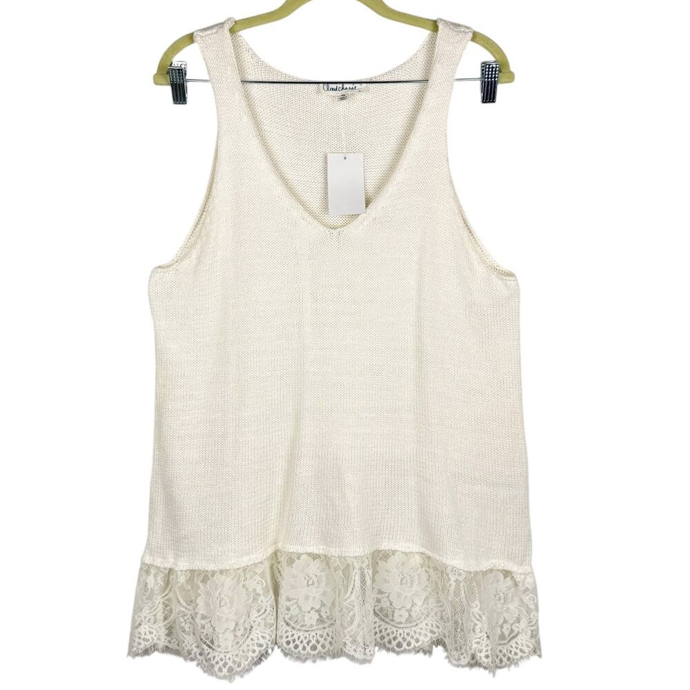 Cloud Chaser White Knit Lace Trim Flowy V Neck Tank Top Sz XL Breathable Comfort